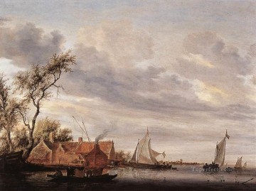  Salomon Decoraci%c3%b3n Paredes - Escena del río con paisaje marino de barco de granja Salomon van Ruysdael